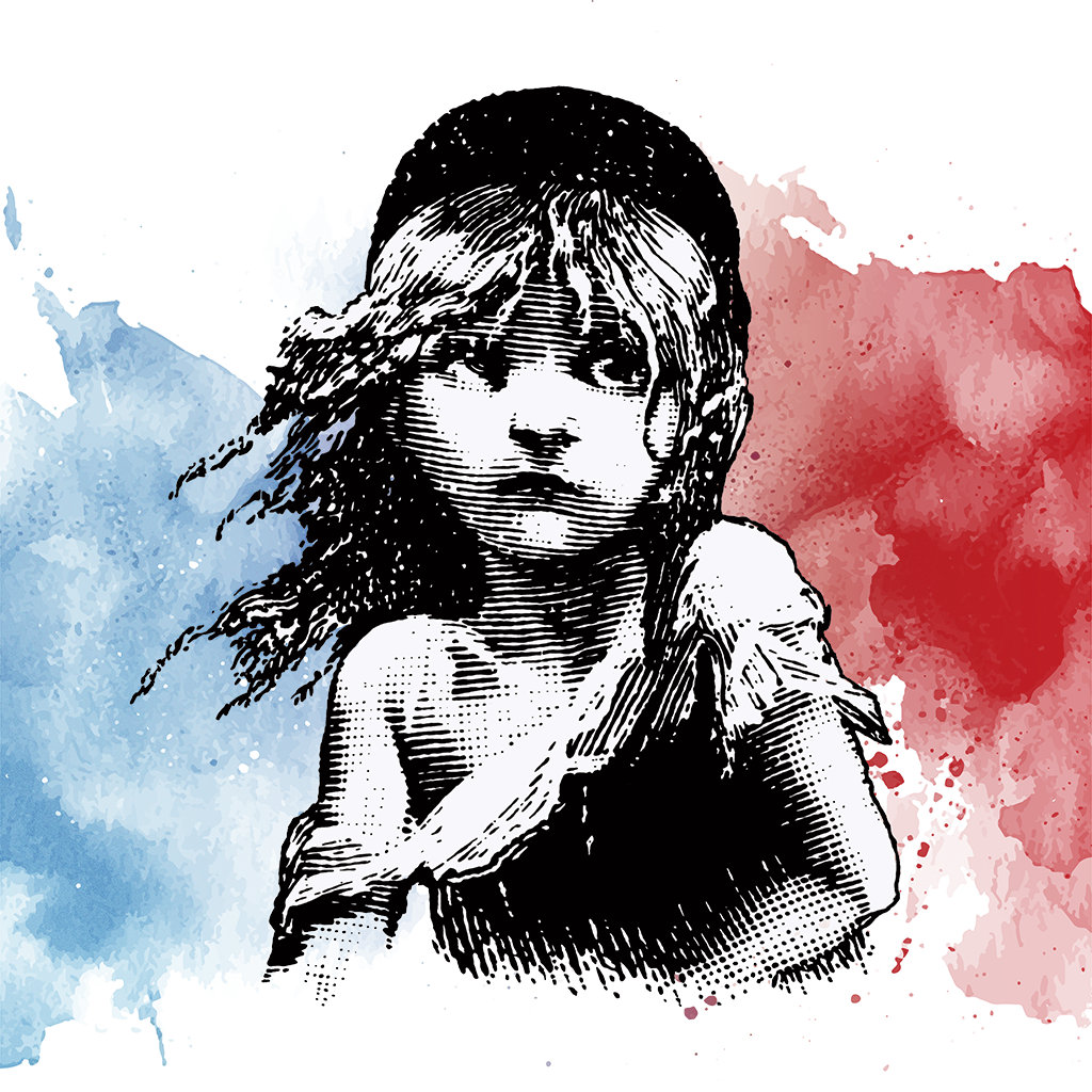 An image of a small sad looking girl in black and white, on a blue and red watercolour background.