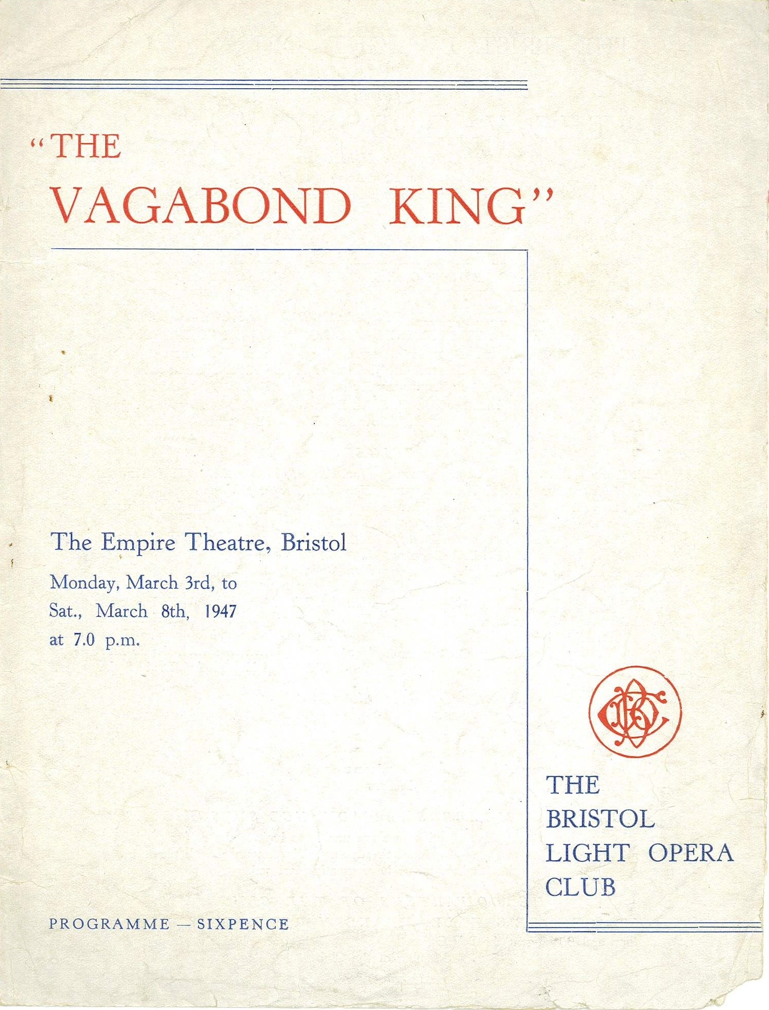 The Vagabond King (1947) programme cover