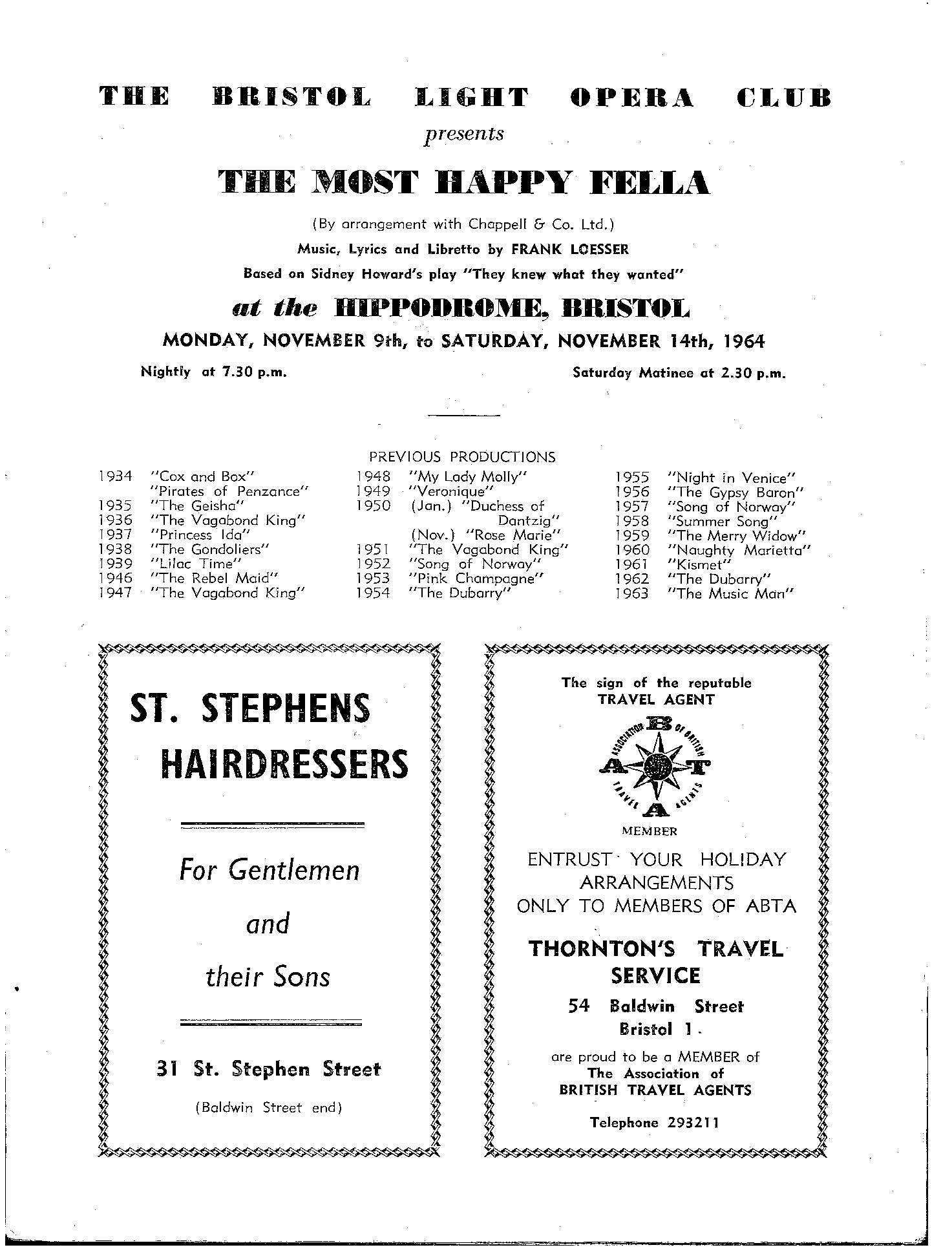 The Most Happy Fella (1964) programme cover